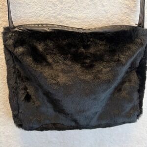 Y2K Black Faux Fur Shoulder Bag Oversized Fuzzy Plush Purse Goth 90s Vintage